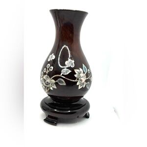 1960s Korean Lacquerware Mother of Pearl Peacock Motif Inlay Vase 6.5" Tall